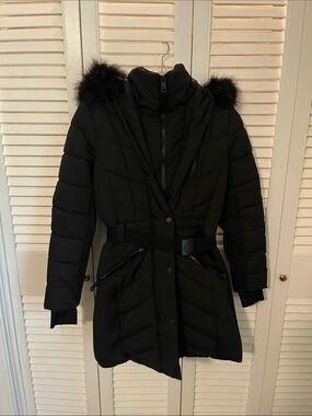 Michael Kors Black Hooded Quilted Puffer Coat with Faux Fur Trim